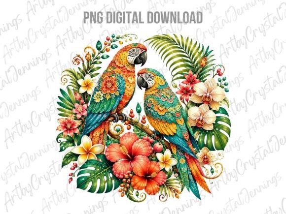 Download Tropical Parrots Floral Watercolor PNG - Tropical Collection