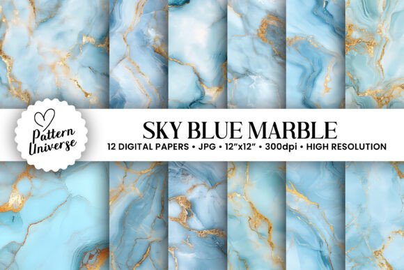 Download Sky Blue Gold Marble Digital Papers - Blue Collection