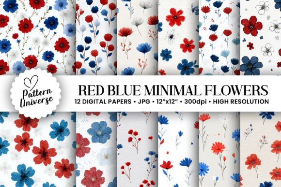 Download Red Blue Minimal Flowers Pattern - Blue Collection