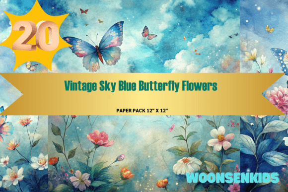 Download Beautiful Vintage Sky Blue Butterfly Flowers Background Watercolor Png Kdp Digital Paper - Blue Collection
