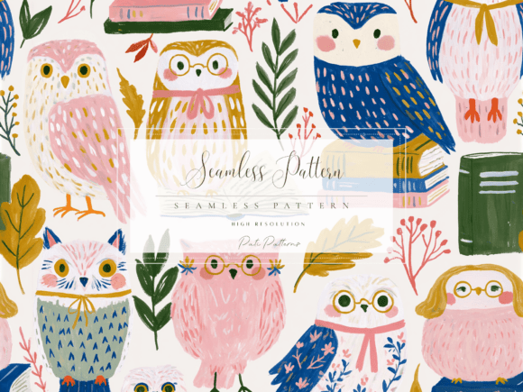 Download Whimsical Pink and Blue Owls Seamless Pattern PNG - Blue Collection