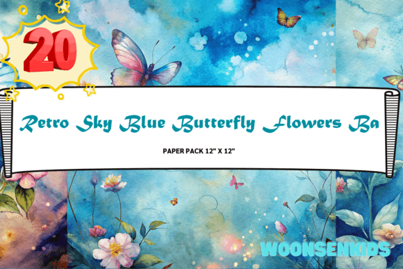 Download 20 Retro Sky Blue Butterfly Flowers Background Watercolor Png Kdp Digital Paper - Blue Collection